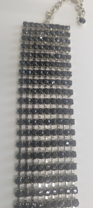 Black Rhinestone Silvertone Stretch Bracelet with Extension Chain gallery