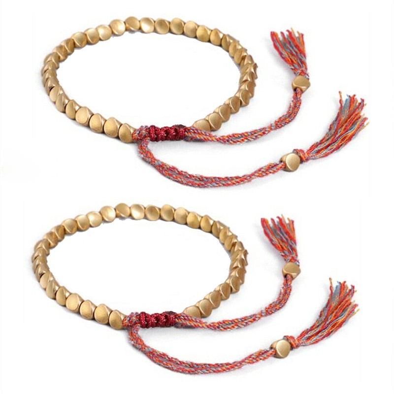 2X Lucky Tibetan Buddhist Braided Cotton Copper beads Rope Bracelet Bangle Gift- gallery