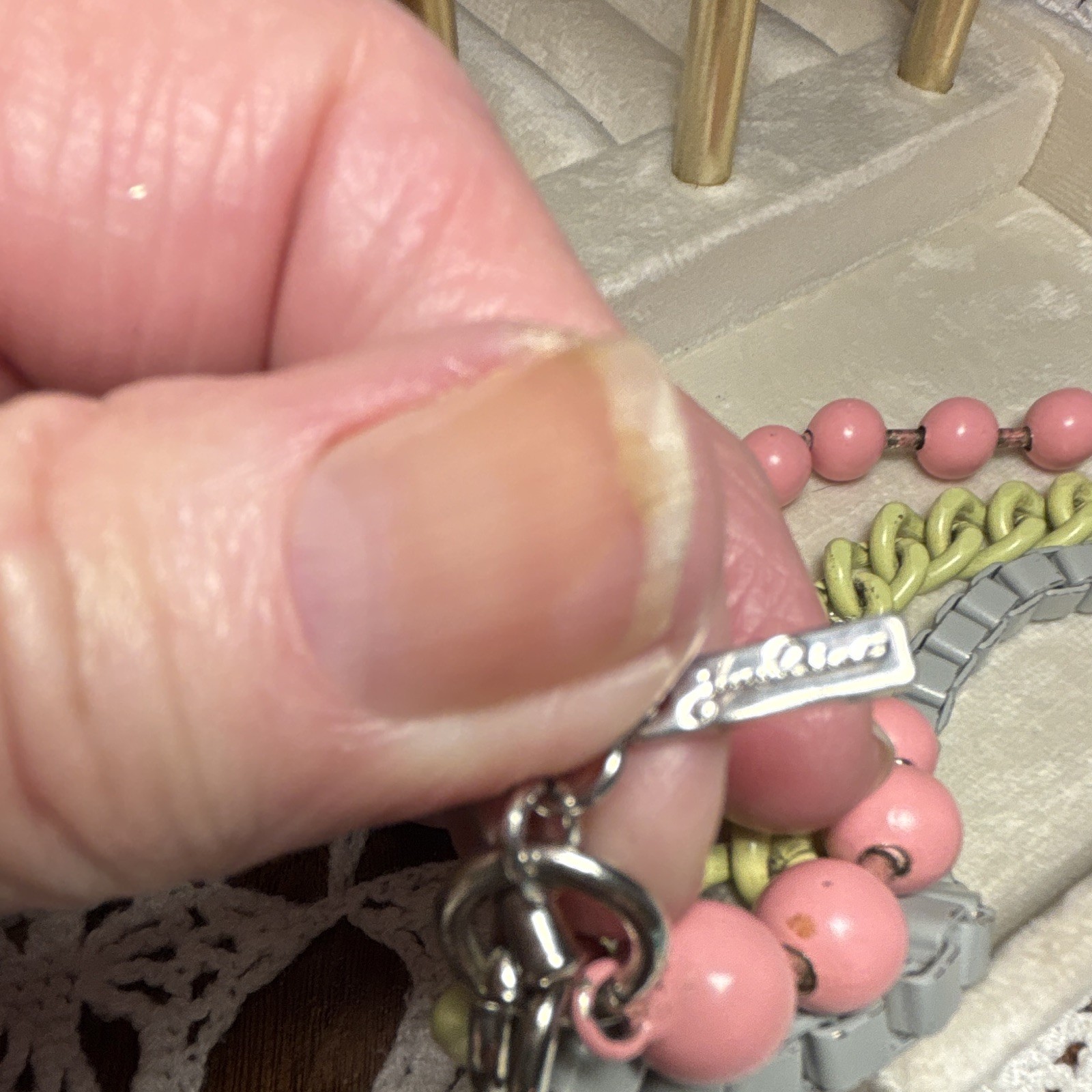 Silver Tone Multi-Strand Curb Chain Bracelet Pink Beads Toggle gallery