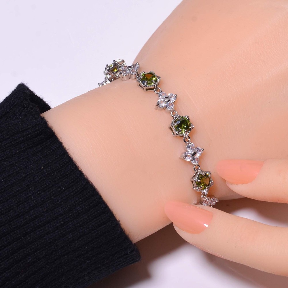 Peridot & Cubic Zirconia Gemstone 925 Sterling Silver Tennis Bracelet 8.99" B59