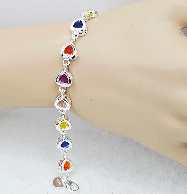 Bracelet 7-8 in 925 Sterling Silver Multi-color Crystal Link Heart Chain Adjusta gallery