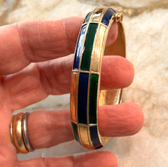 Crown Trifari Clasp Bangle Gold Tone w/Blue & Green Enamel