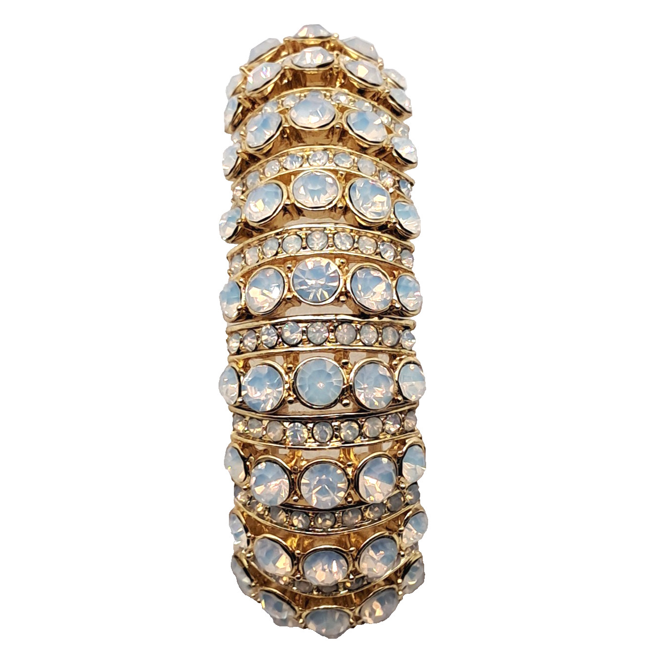 Gold Tone Faux Opal Cabochon Stretch Bangle Bracelet Blingy Statement Art Deco gallery