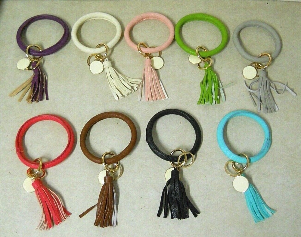 Solid Leatherette Bangle Bracelet Wristlet Key Rings Keychain Choose Your Color