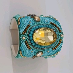 Blue & Gold Beaded Cuff Bracelet with Yellow Oval Center Stone, Bezel Set