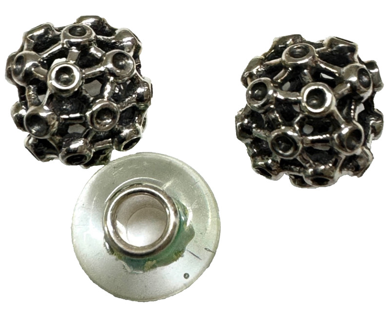 (Set of 3) Elfbeads PETITE Silver Pair & Green Murano Beads *Fits Trollbeads gallery