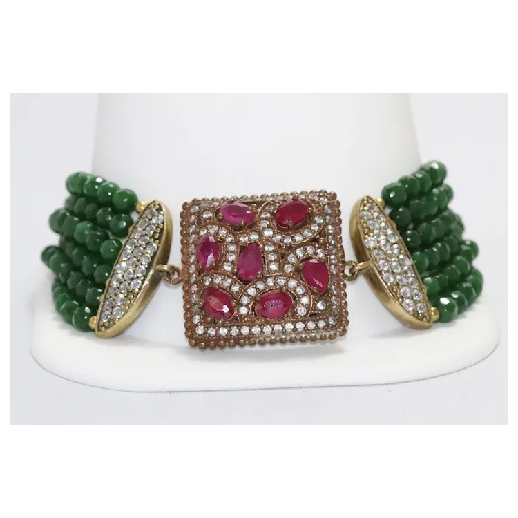 Sterling Silver Green Agate Ruby Cubic Zirconia Bracelet gallery