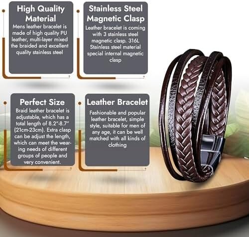 Mens Bracelet Multi-Layer Leather Braided Rope Magnetic Clasp Bracelet, Brown gallery