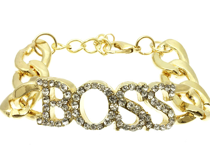 Hip Hop & Club Fashion Silver Chain Bracelet with BOSS Pendant in Crystal Bling gallery