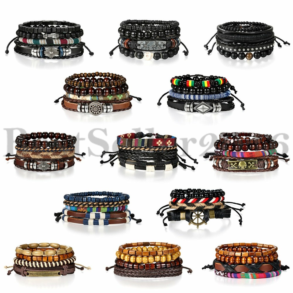 4PCS Men Women Leather Wrap Bracelet Braided Tribal Beaded Wristband Bangle Set