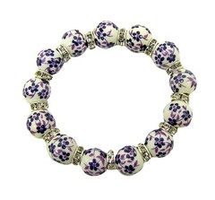 Purple flower porcelain bead stretch bracelet with crystal spacer beads