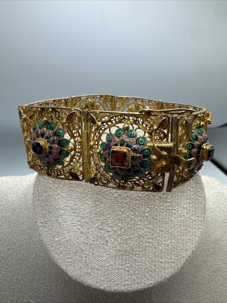 New Barbara Garwood Sterling Silver Enamels Filigree Gold Tone Gemstone Bracelet