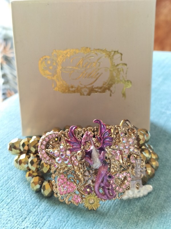 Kirks Folly Bracelet, Dragon & Castle Gold Stretchy Bead Bracelet Fairytale gallery