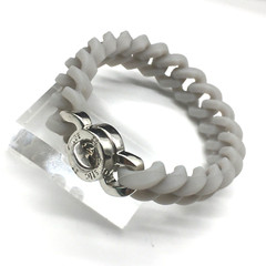 Rustic Cuff Gray Silver Tone Logo Turn Lock Silicone Stretch Chain Bracelet