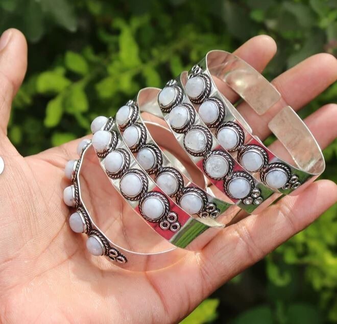 Offer Moonstone Gemstone 925 Sterling Silver Plated 1 PC Cuff Unisex Bangles Lot gallery