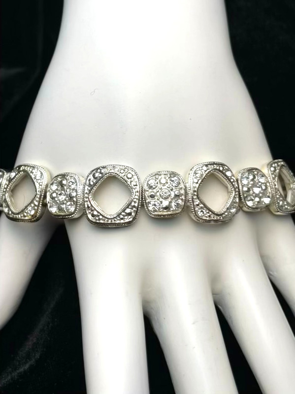 Clear Rhinestone Bracelet Silver Tone Stretch Art Deco Inspired Geometric Open gallery