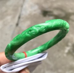 61.3mm Myanmar Natural Green Jadeite Bracelet Emerald Hand-carved Jade Bracelet