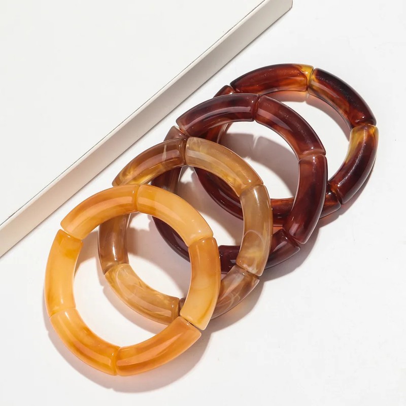 4pc Resin Amber Beaded Bracelet Set Elastic Tube Beads Handcrafted Designer gallery