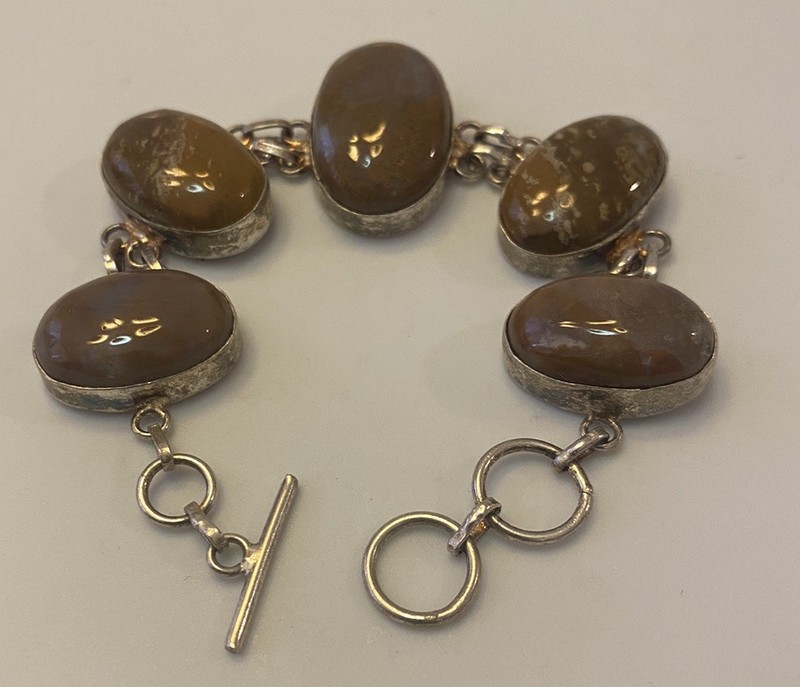 Silver Bezeled Polished Agate Linked Bohemian Bold Nature Earth Tone Bracelet gallery