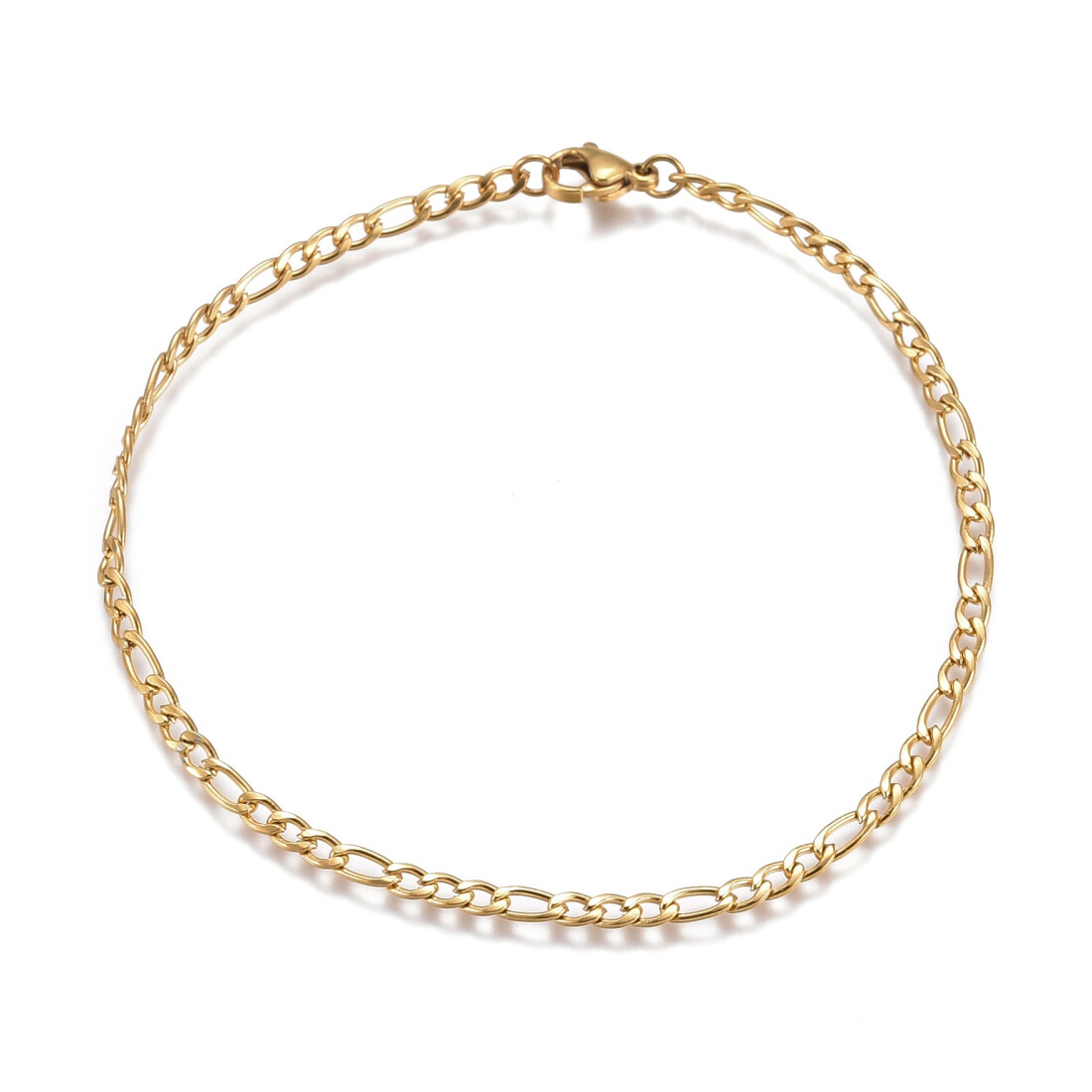 Stainless Steel Figaro Chain Bracelet Lobster Gold 8.66 inches 22cm 3mm Z487 gallery
