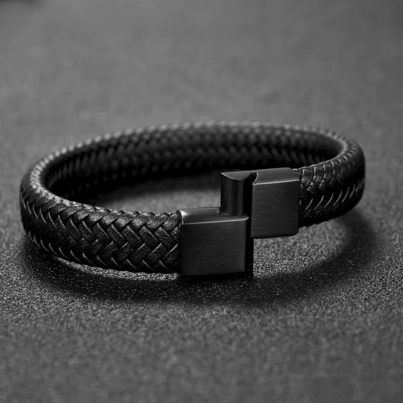 Black Bracelet Men's Braided Leather Bangle Stainless Steel Cuff Wristband USA gallery