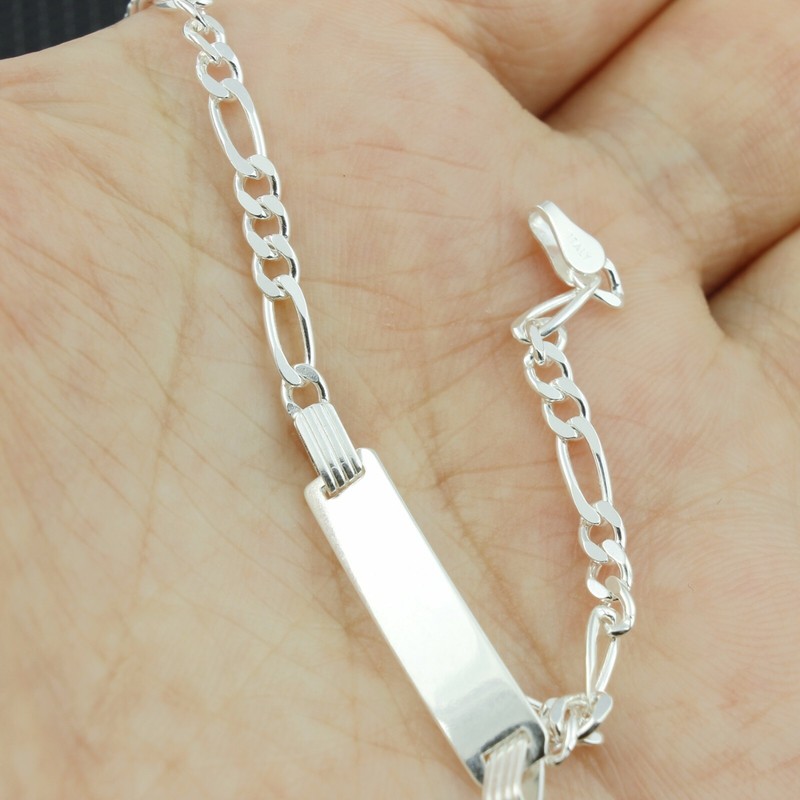 Women 925 Sterling Silver Engrave Bar Figaro Chain Bracelet 6-7" Made in Italy gallery