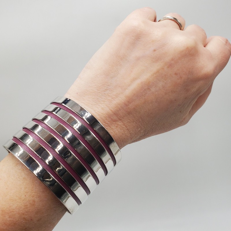 Wide Cuff Bracelet 2in Silver Tone Purple Leather Underlay Rivets Layered Biker gallery