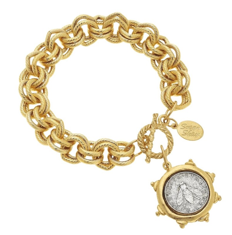 Susan Shaw Jewelry Gold Florence Bee Coin Double Link Chain Bracelet 24k TPG gallery