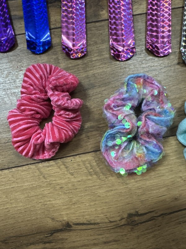 Slap Bracelets ~ Set of 8 Colorful Wrap Wrist Bands/ 5 scrunchie/ 6 Hair ties gallery