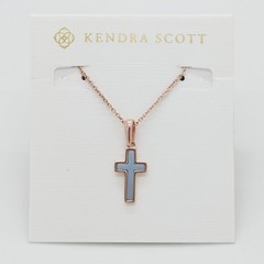 New Kendra Scott Cross Rose Gold Pendant Necklace in Light Blue Dichroic Glass