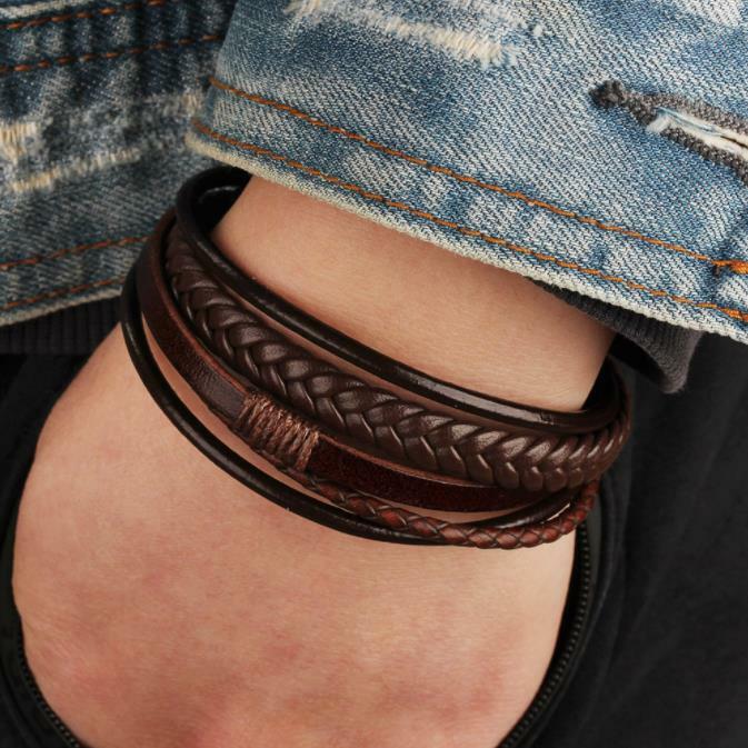 Men Jewelry Black Braided Leather Bracelet Multi-Layer Stainless Steel Clasp A gallery