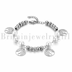 Stainless Steel Tree of Life Round Charm Beaded Chain Bracelet for Women Girls