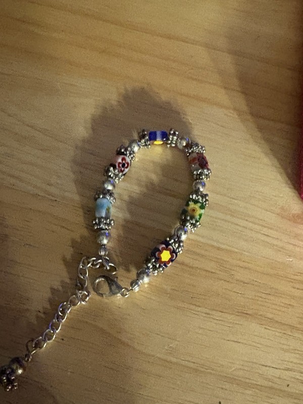 6-9” adjustable silvertone and faux mille fiori bracelet,handmade gallery