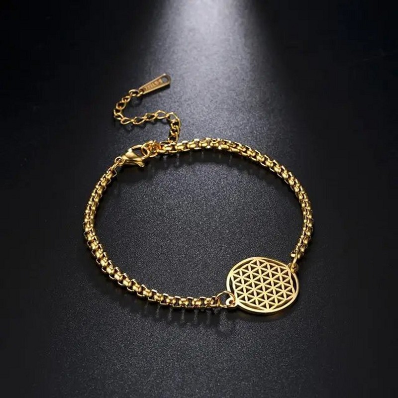 Flower of Life Ankle Bracelet Gold PVD 316L Stainless Steel Sacred Geometry gallery