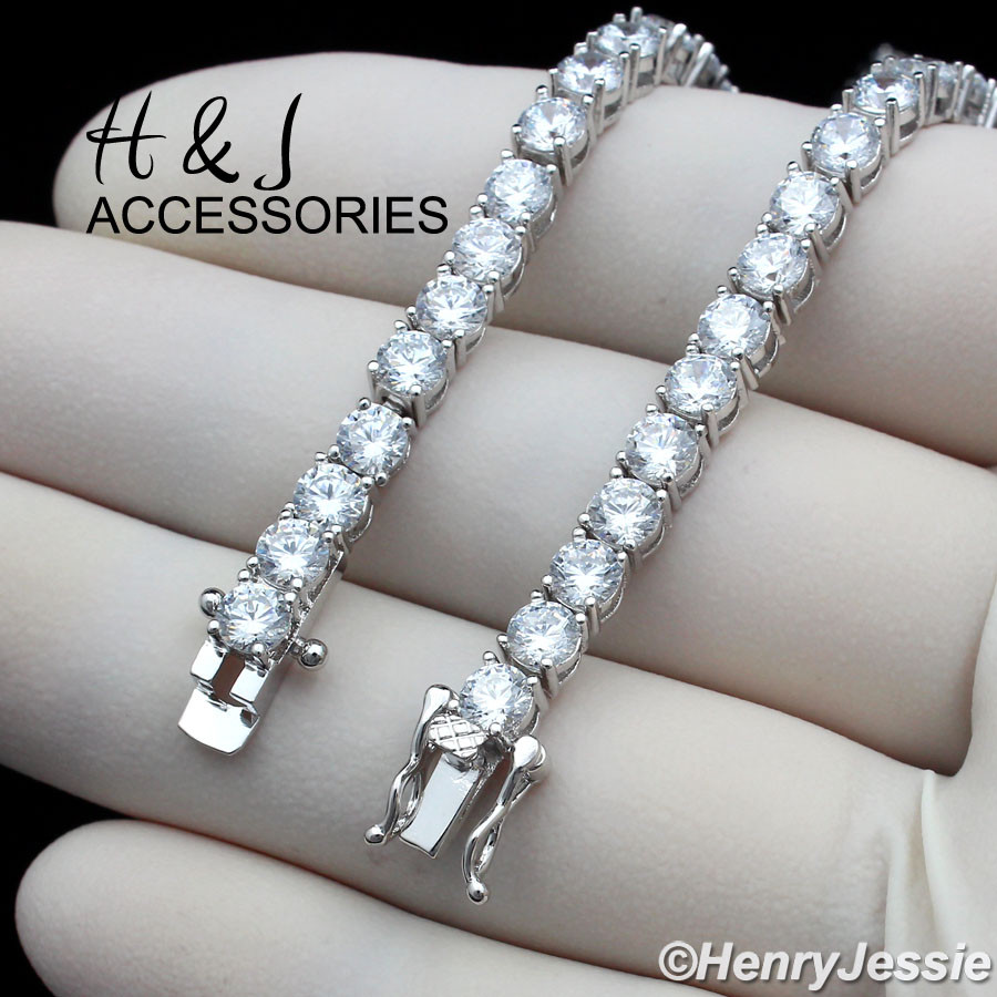 8"MEN WOMEN 14K WHITE GOLD PLATED 4MM ICY BLING CZ 1 ROW TENNIS BRACELET*ABSB2