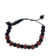 Black and Brown Carved Wood Beaded Adjustable Cord Macrame Bracelet Boho