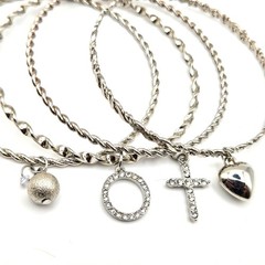 Silver Tone Twisted Bangle Set Charm Bracelets Ball Cross Heart Circle 9 inches