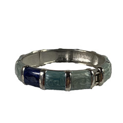 1928 Jewelry Blue Green Enamel Panel Hinge Bangle Bracelet Silver Tone Womens