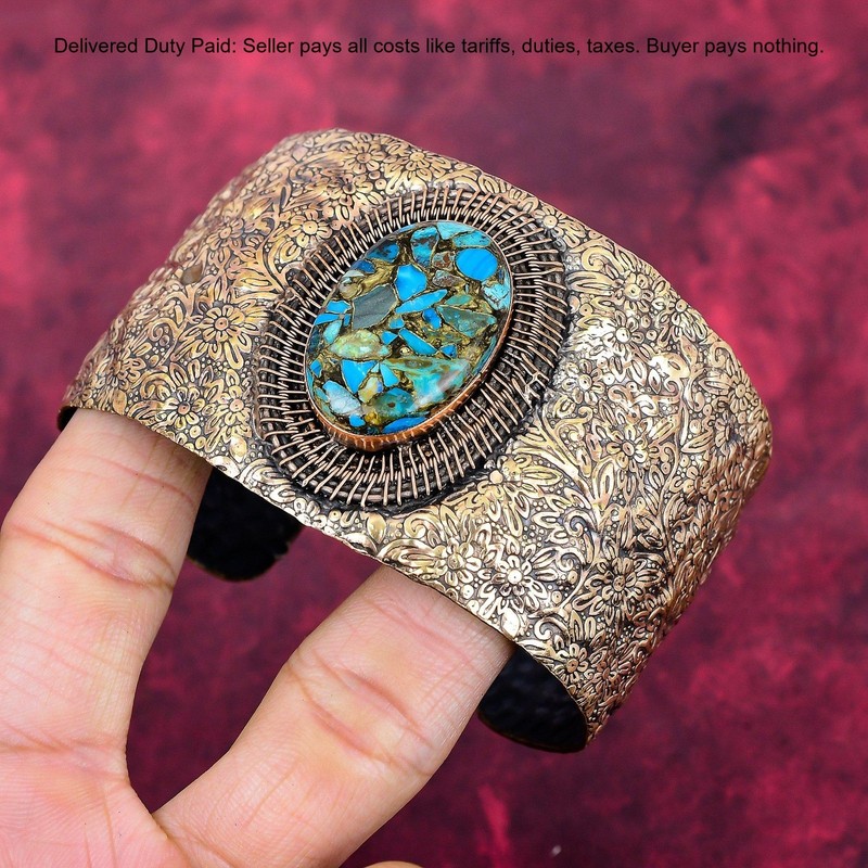 Copper Chrysocolla Cuff Bracelet Adjustable Bangle Copper Wire Wrapped Jewelry gallery
