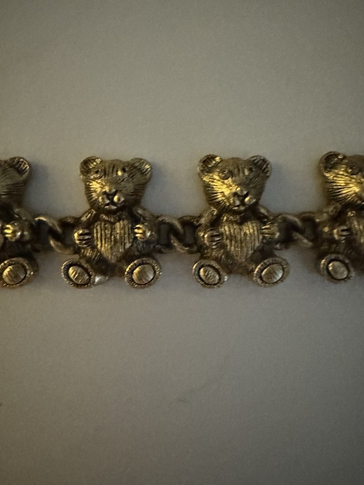 Vintage Gold Tone Teddy Bear Charm Link Bracelet