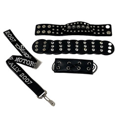 2 Black Studded Adjustable Bracelets, Leather Hair Holder, Lanyard – Lot of 4