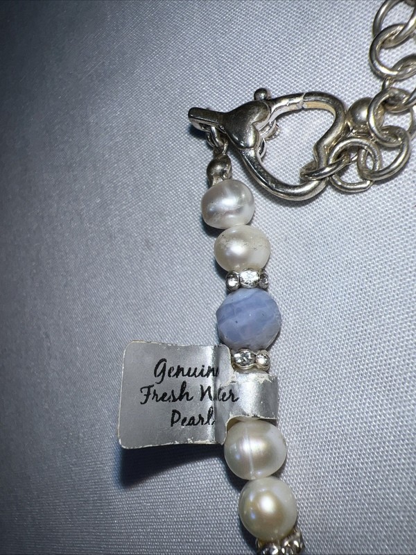 Freshwater Pearl, Rhinestone Rondelle & Faceted Blue Bead Bracelet -LAST CHANCE gallery