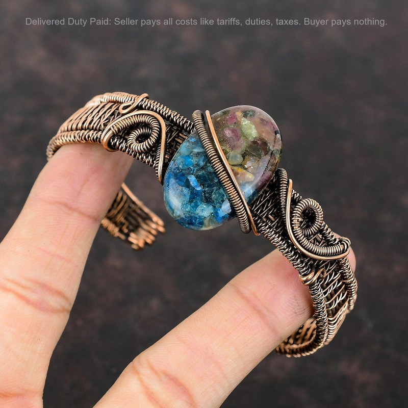 Copper Oval Natural Watermelon Tourmaline Wire Wrapped Handmade New Cuff Jewelry gallery