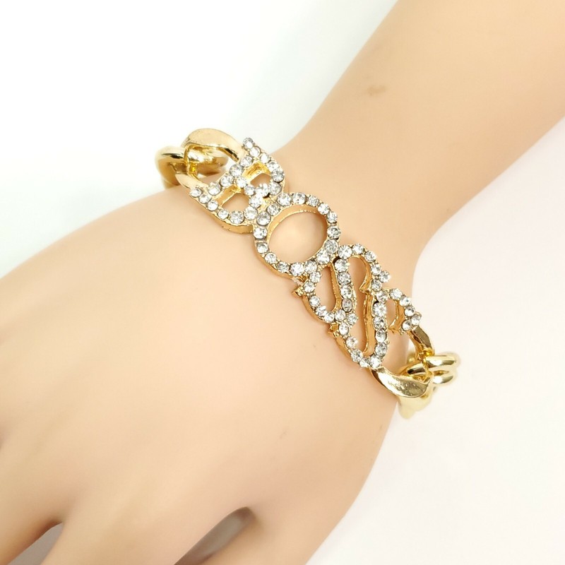 B0001 Simple Gold Color Thick Chain Clear Rhinestones Letter Word BOSS Bracelet gallery