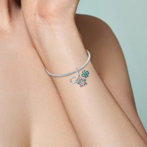 4 LEAF CLOVER SHAMROCK LUCKY HORSESHOE BUTTERFLY STERLING SILVER BRACELET CHARM! gallery