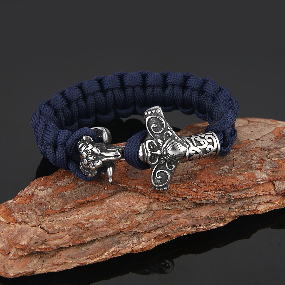 Stainless Steel Viking Goat&Odin Thor Hammer Mjolnir Parachute Rope Bracelet gallery