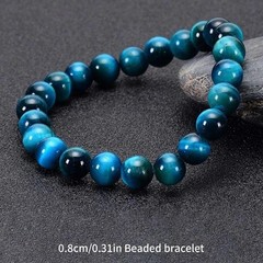 Minimalist Blue Tiger Eye Stone Beaded Bracelet Round Natural Gemstone Gift