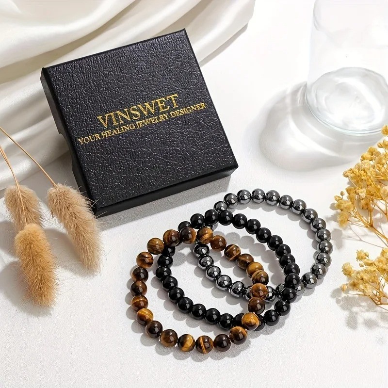 2PCS Men Bracelet Classic Lava Rock Tiger Eye Gem Stone Beaded Healing Boyfriend gallery