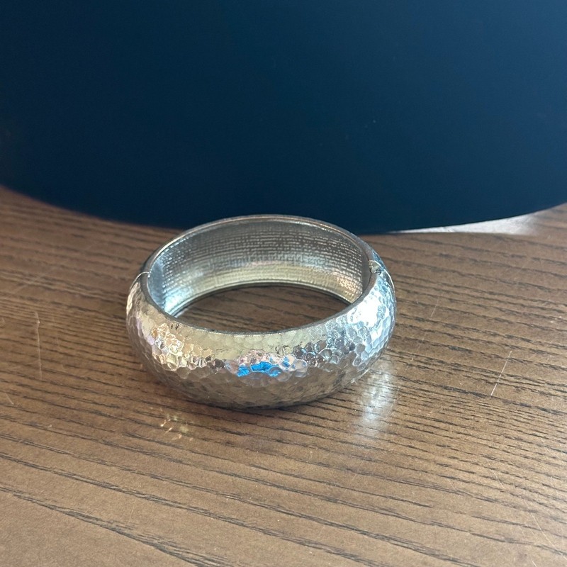 Silver Tone Hammered Texture Hinge Bangle Bracelet Chunky Dome Cuff Statement gallery