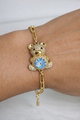 Cute Teddy Bear Gold Plated Bracelet Blue Crystal Charm Dainty Jewelry Gift